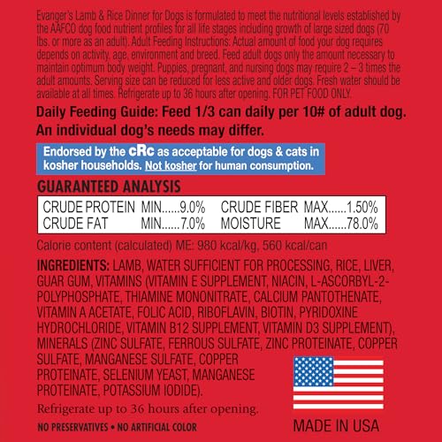 Evanger's Heritage Classic Lamb & Rice Dinner Dog Food – 12 Count, 12.5 oz Each – Gluten & Grain Free, Complete Balanced Diet for All Life Stages – Wet Dog Food