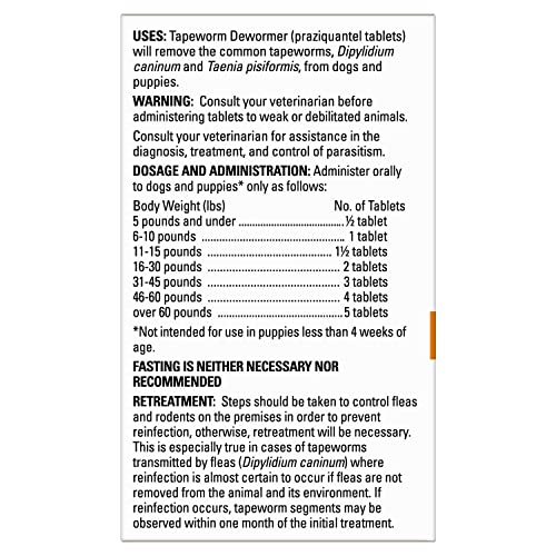 Elanco Tapeworm Dewormer (praziquantel tablets) for Dogs, 5 Count (Pack of 1) Praziquantel Tablets for Dogs and Puppies 4 Weeks and Older