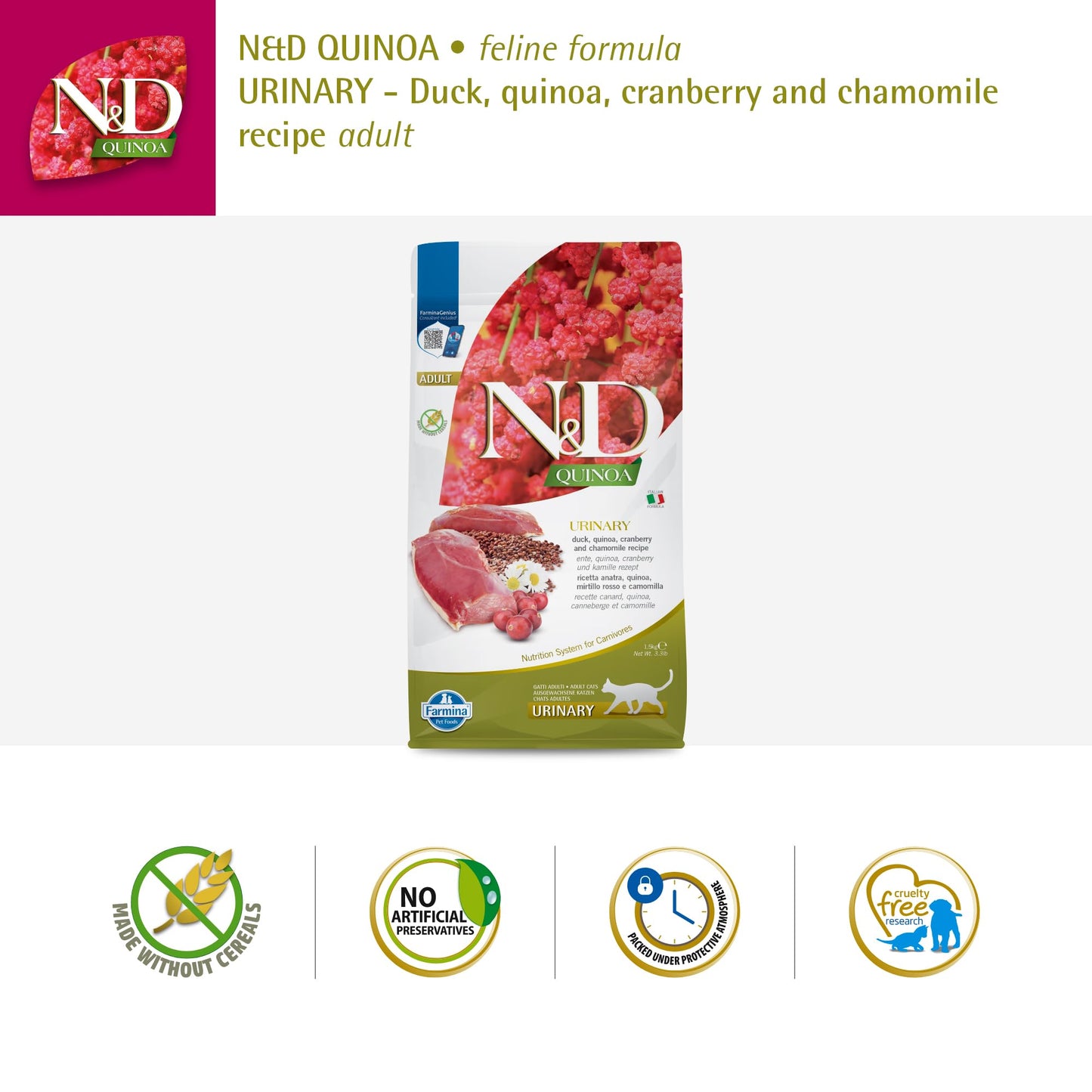 Farmina N&D, Quinoa Urinary Duck Formula Adult Dry Cat Food, 3.3lb