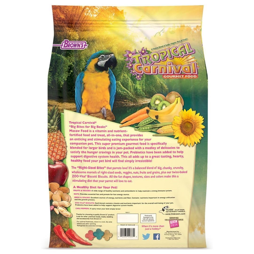 F.M. Brown's Tropical Carnival, Gourmet Macaw Bird Food Big Bites for Big Beaks - Seeds, Veggies, Fruits, and Nuts with Probiotics - 14 lb