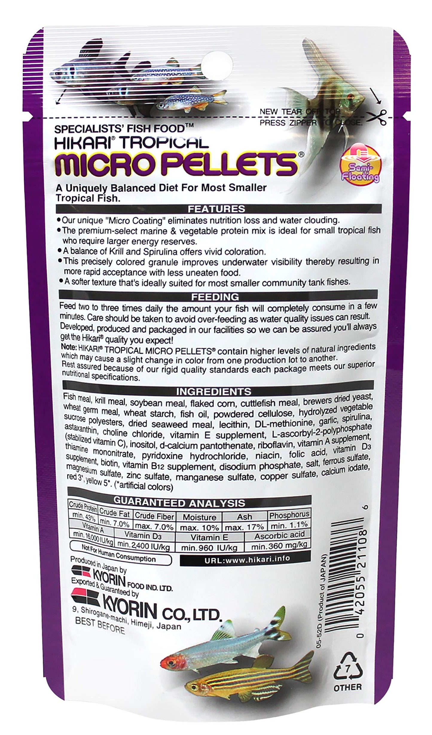Hikari Tropical Semi-Floating Micro Pellets Fish Food, 0.77 Oz (22g)
