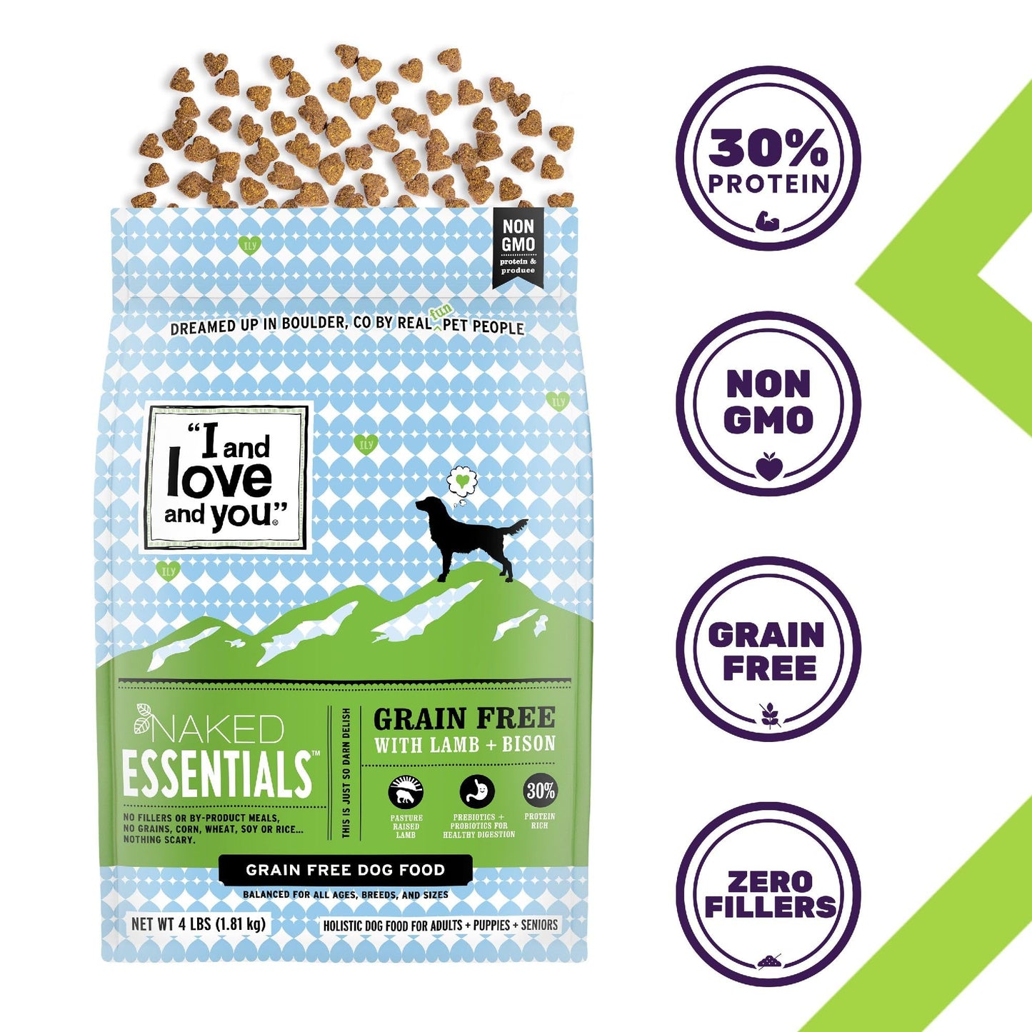 I and love and you Naked Essentials Dry Dog Food - Lamb + Bison - High Protein, Real Meat, No Fillers, Prebiotics + Probiotics, 11lb Bag