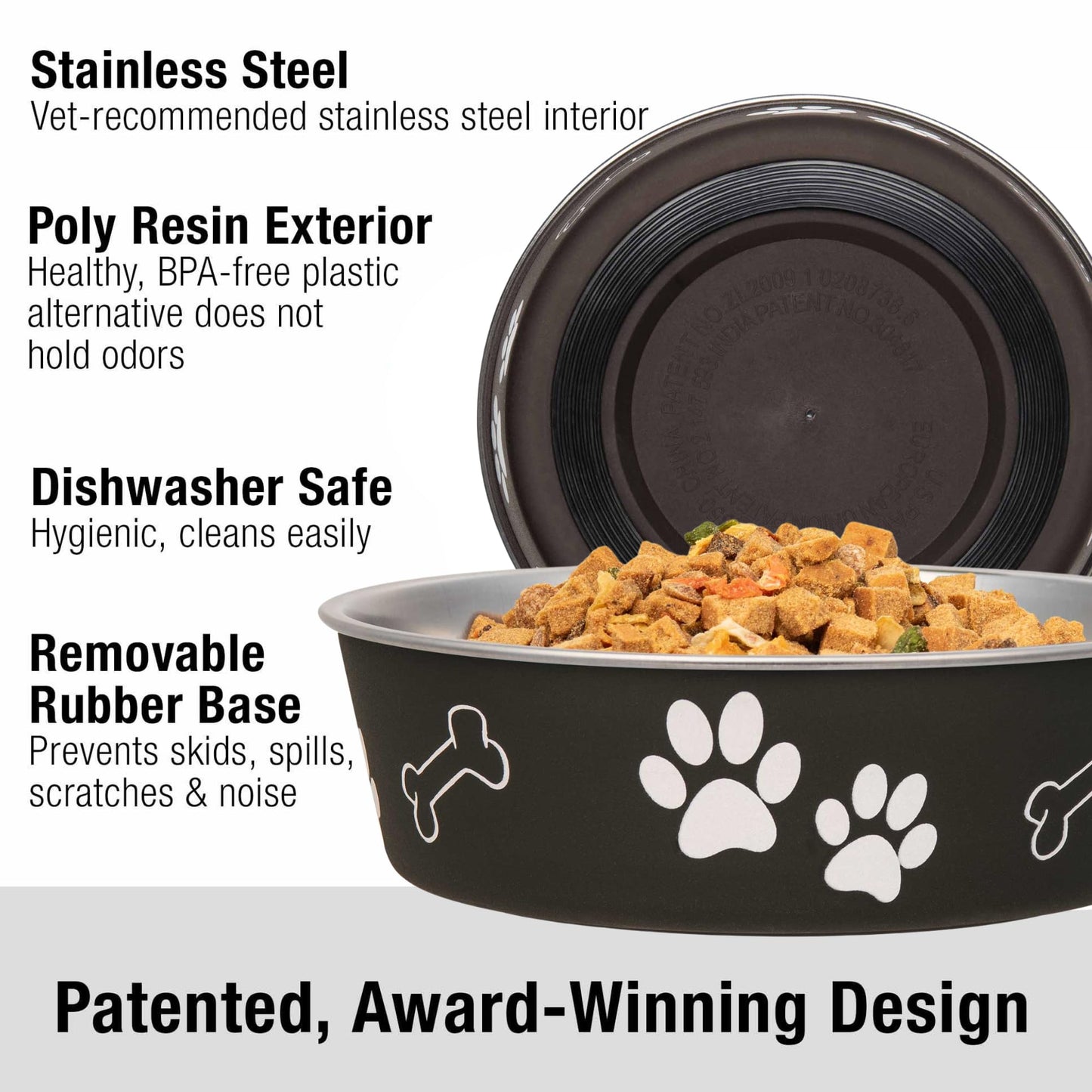 Loving Pets Bella Dog Bowls- Stainless Steel Dog & Cat Bowls - Spill Proof Dog Food Bowl, Cat Bowl, Puppy Essentials & Pet Supplies Great for Home & Travel (Large 35-65 lbs, Espresso)
