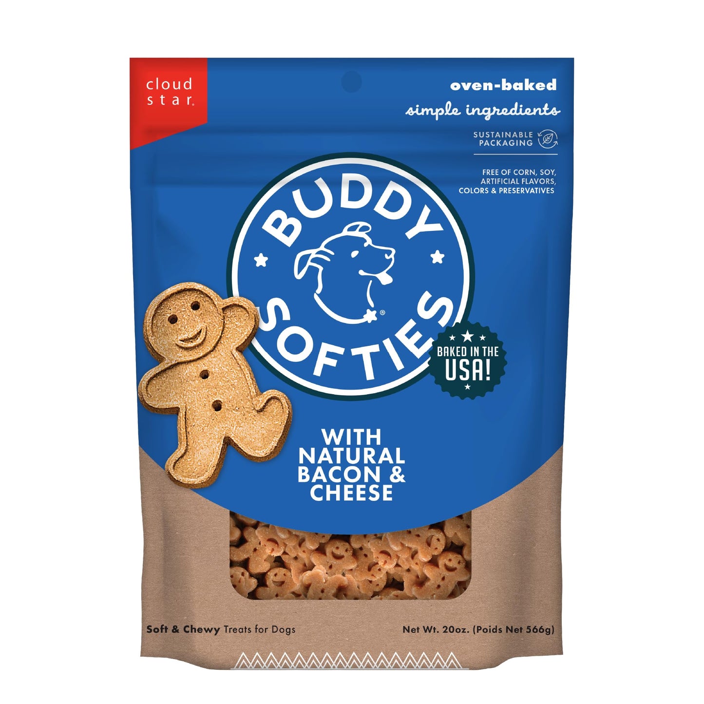 Buddy Biscuit Softies 20 oz Pouch, Soft & Chewy, Natural Bacon and Cheese Flavor Dog Treats, Oven Baked in the USA