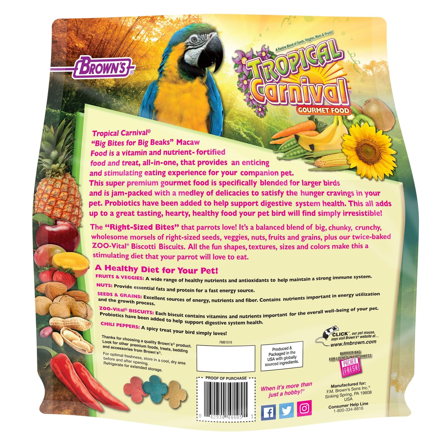F.M. Brown's Tropical Carnival, Gourmet Macaw Food Big Bites for Big Beaks, Vitamin-Nutrient Fortified Daily Diet with Probiotics for Digestive Health, 5 lb