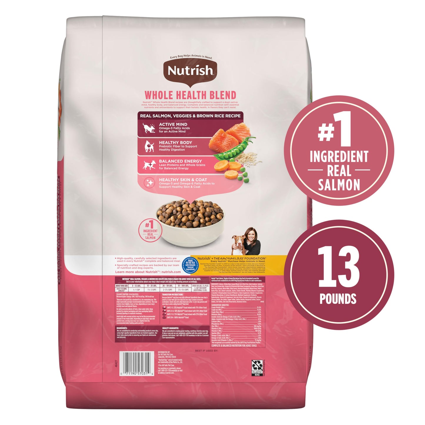 Nutrish Real Salmon, Veggies & Brown Rice Recipe Whole Health Blend Dry Dog Food, 13 lb. Bag, Packaging May Vary (Rachael Ray)