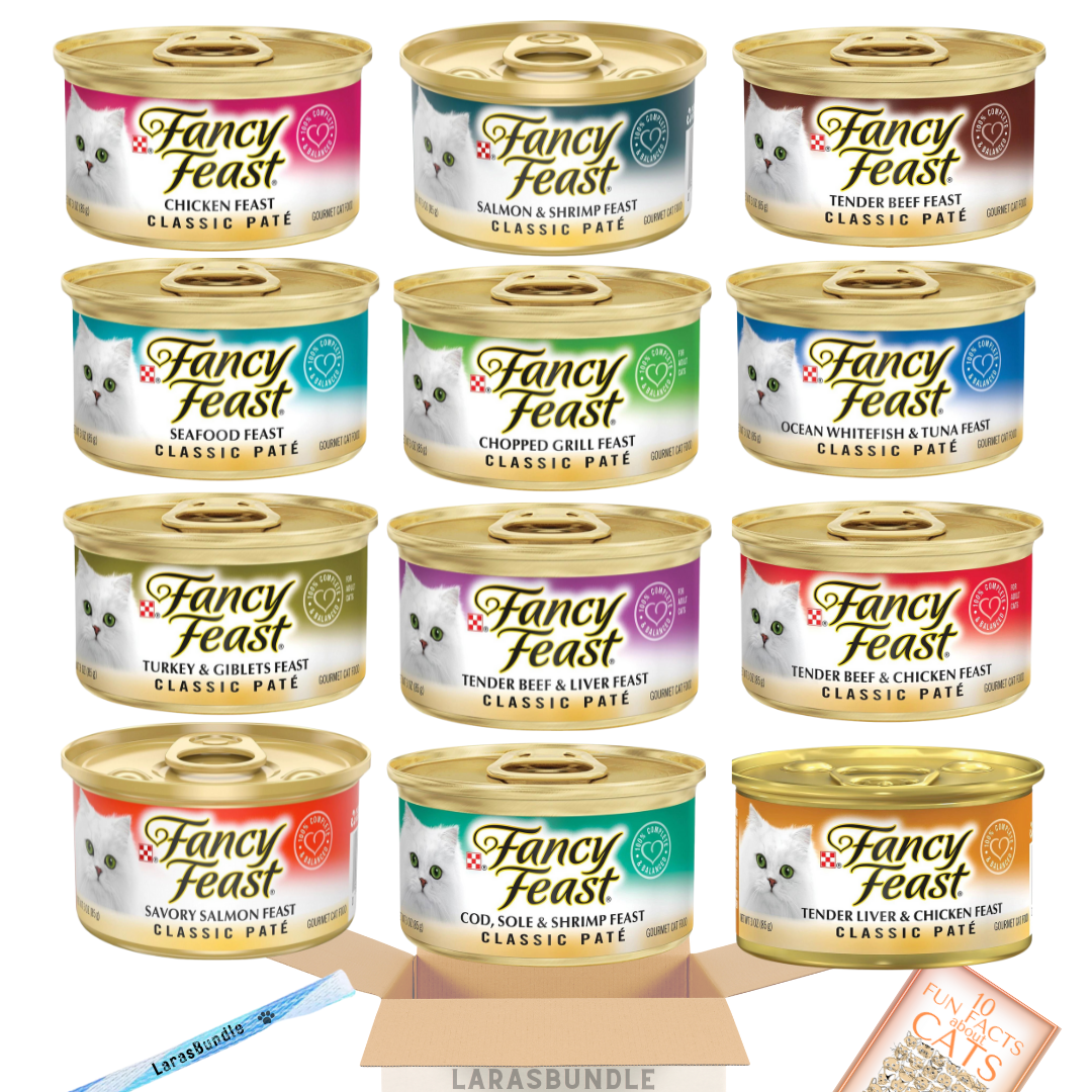 Fancy Feast Wet Cat Food Bundle | Fancy Feast Pate Cat Food Variety Pack | Grain Free Cat Food | All 12 Flavors | 3 oz. cans Bundled Catnip Mice and Spring Toy