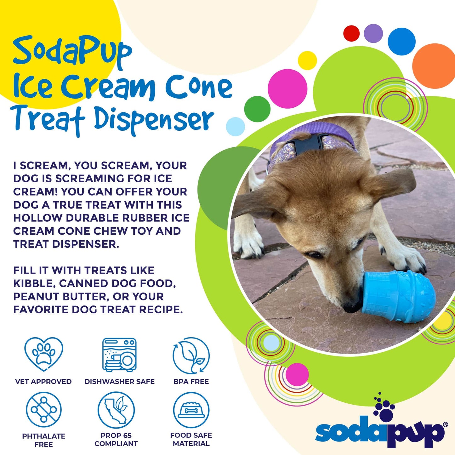 Ice Cream Cone Rubber Dog Chew Toy for Power Chewers | USA Made | SodaPup