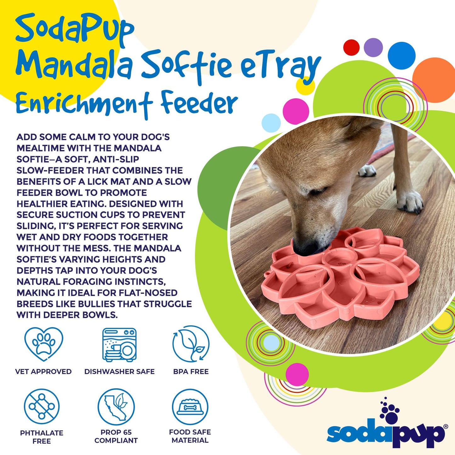 Mandala Softie eTray Shallow Slow Feeder Dog Bowl with Suction Cups |  USA Made
