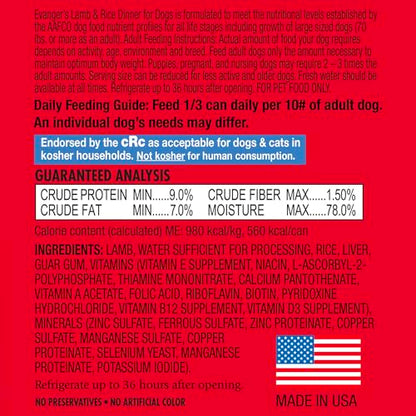 Evanger's Heritage Classic Lamb & Rice Dinner Dog Food – 12 Count, 12.5 oz Each – Gluten & Grain Free, Complete Balanced Diet for All Life Stages – Wet Dog Food