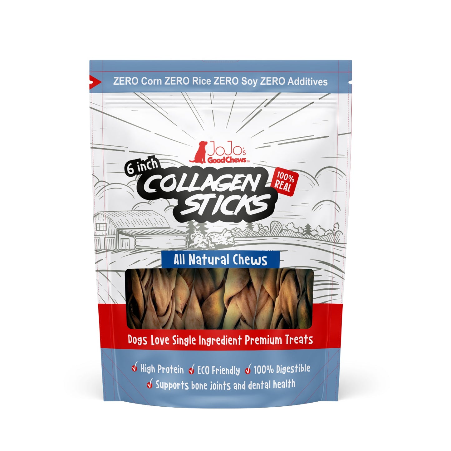 All-Natural Braided Collagen Stick Dog Treats, Supports Joint, Skin & Coat Health – 6-Inch Standard (4-Pack)