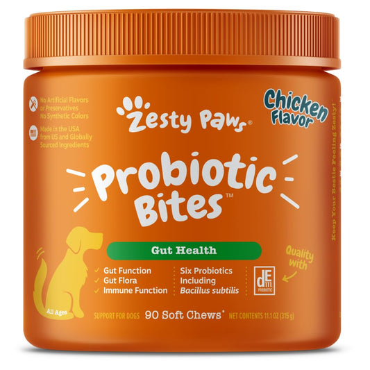 Zesty Paws Probiotics for Dogs, Digestive Enzymes Gut Flora, Digestive Health, Diarrhea & Bowel Support, DE111, Dog Probiotics Soft Chew for Pet Immune System, Chicken, 90 Ct