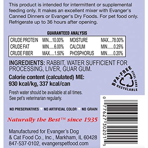 Evanger's Complements Rabbit for Dogs & Cats – 12 Count, 12.5 oz Each – Single-Protein Formula Cooked in Broth – Grain & Gluten Free – Wet Dog & Cat Food