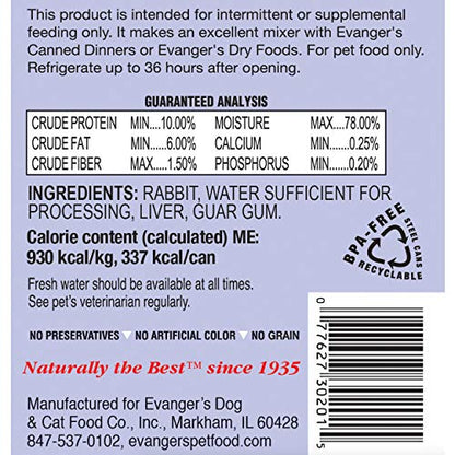Evanger's Complements Rabbit for Dogs & Cats – 12 Count, 12.5 oz Each – Single-Protein Formula Cooked in Broth – Grain & Gluten Free – Wet Dog & Cat Food