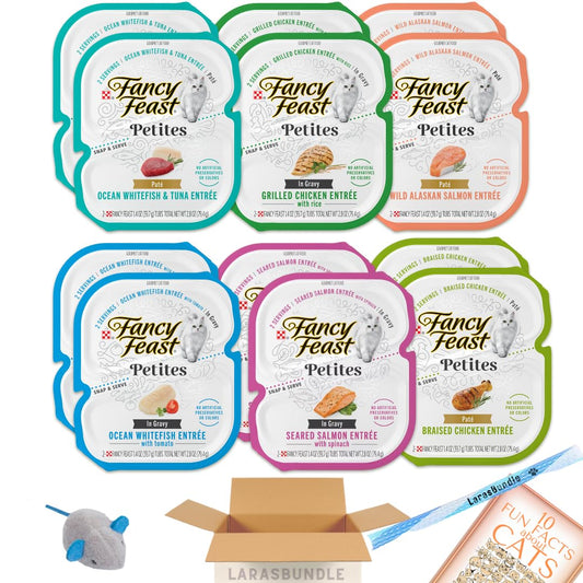 LarasBundle Fancy Feast Petites Wet Cat Food | Fancy Feast Petites in Gravy and Pate Variety Pack (24 Servings / 6 Flavors) Bundled Booklet, Spring Toy and Mice