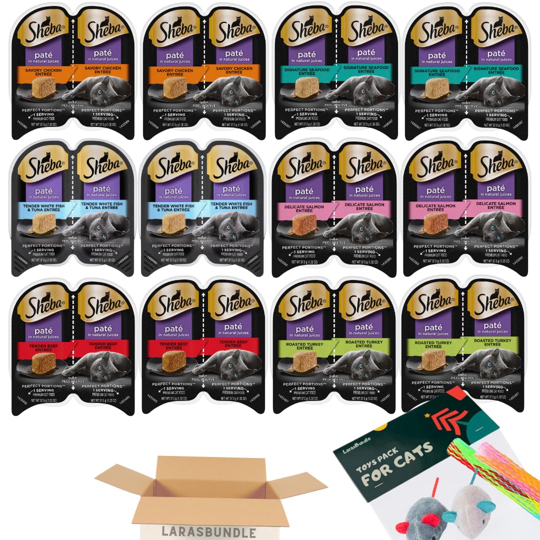 Sheba Cat Food Variety Pack | Sheba Pate Cat Food (24 Servings | 12 Pack | 6 Flavors) Turkey, Beef, Chicken, Salmon, White Fish, Tuna with LarasBundle Catnip Mice and Spring Toys