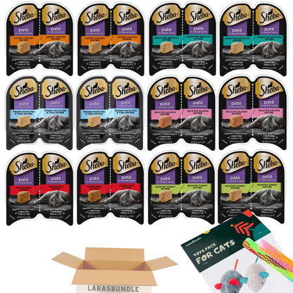 Sheba Cat Food Variety Pack | Sheba Pate Cat Food (24 Servings | 12 Pack | 6 Flavors) Turkey, Beef, Chicken, Salmon, White Fish, Tuna with LarasBundle Catnip Mice and Spring Toys