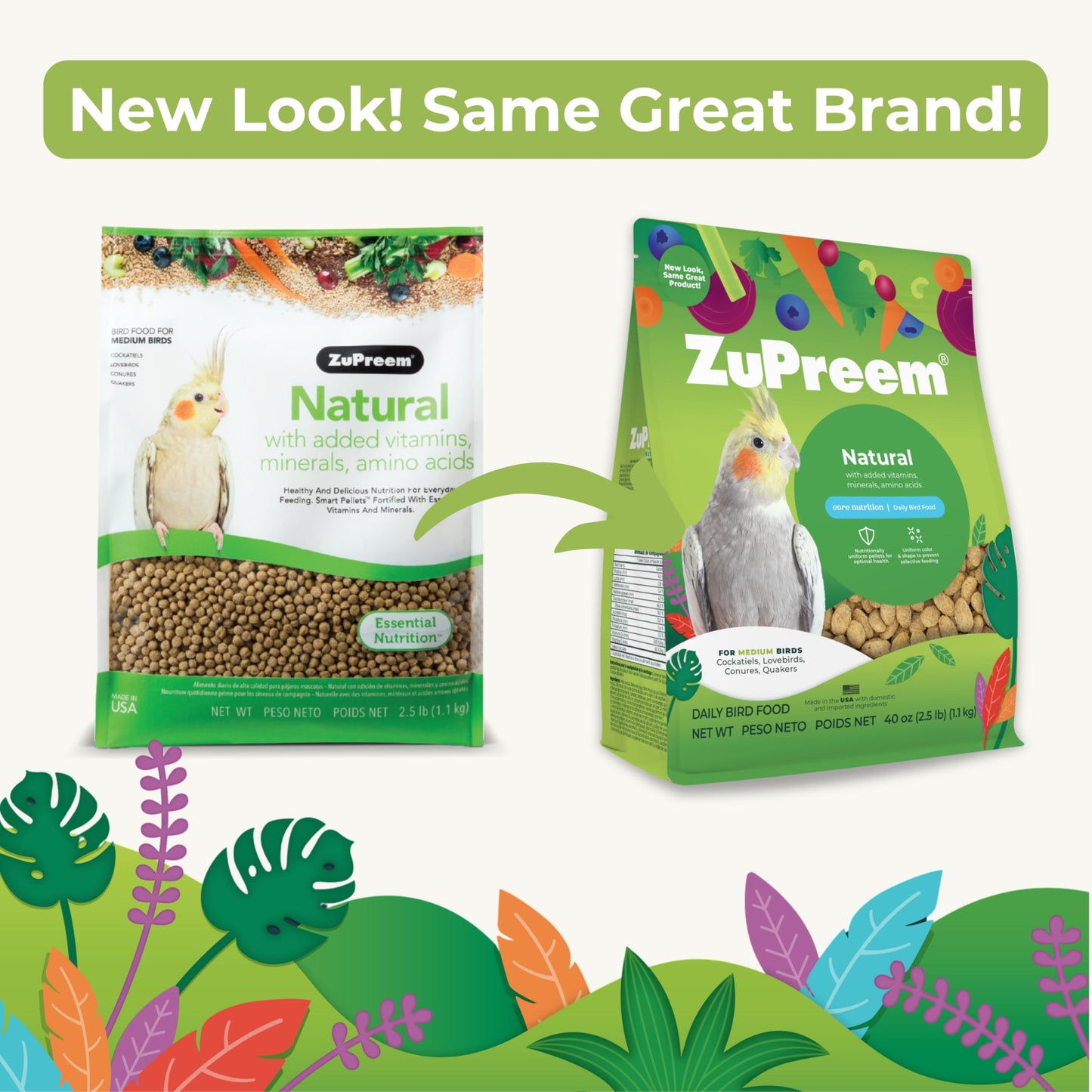ZuPreem Natural Pellets Bird Food for Medium Birds, 2.5 lb (Pack of 2) - Daily Nutrition, Made in USA for Cockatiels, Quakers, Lovebirds, Small Conures