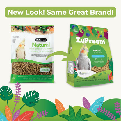ZuPreem Natural Pellets Bird Food for Medium Birds, 2.5 lb (Pack of 2) - Daily Nutrition, Made in USA for Cockatiels, Quakers, Lovebirds, Small Conures