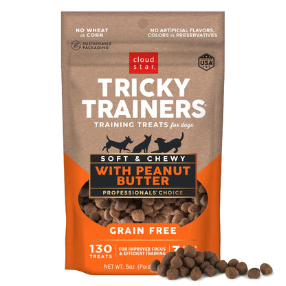 Cloud Star Tricky Trainers Soft & Chewy Dog Training Treats 5 oz. Bag, Peanut Butter Flavor, Grain-Free Low Calorie Behavior Aid with 130 treats