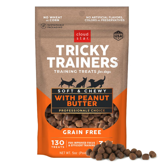 Cloud Star Tricky Trainers Soft & Chewy Dog Training Treats 5 oz. Bag, Peanut Butter Flavor, Grain-Free Low Calorie Behavior Aid with 130 treats