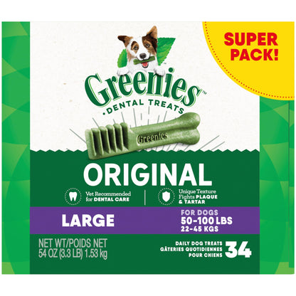 Greenies Original Large Dental Dog Treats, 54 oz. Pack (34 Treats)