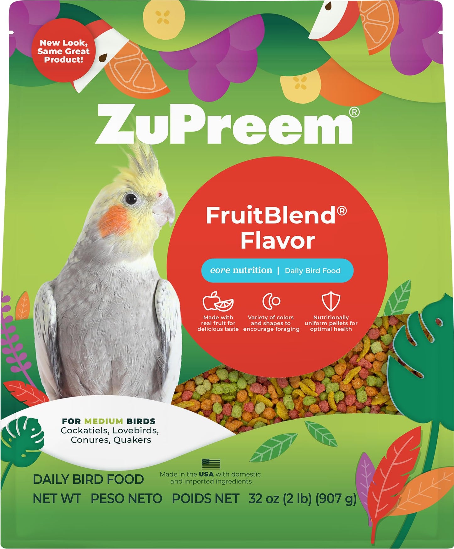 ZuPreem FruitBlend Bird Pellets, Daily Bird Food for Cockatiel, Lovebird, Quaker, Small Conure, Lorikeet, Core Nutrition for Medium Birds, Cockatiel Pellets, Conure Food (M, 2 lbs)