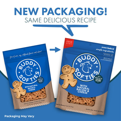 Buddy Biscuit Softies 20 oz Pouch, Soft & Chewy, Natural Bacon and Cheese Flavor Dog Treats, Oven Baked in the USA