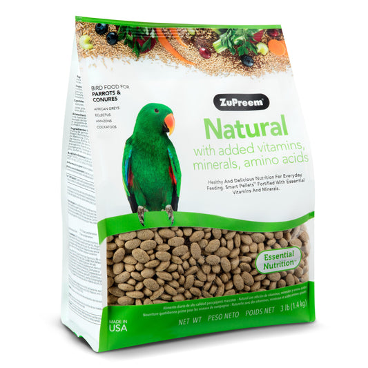 ZuPreem Natural Bird Food, Bird Feed Pellets for Parrots, Conures, Caiques, African Greys, Eclectus & Small Cockatoos, ZuPreem Nutrition, Made in USA, Parrot Food, Conure Feed, (M/L, 3 lb)