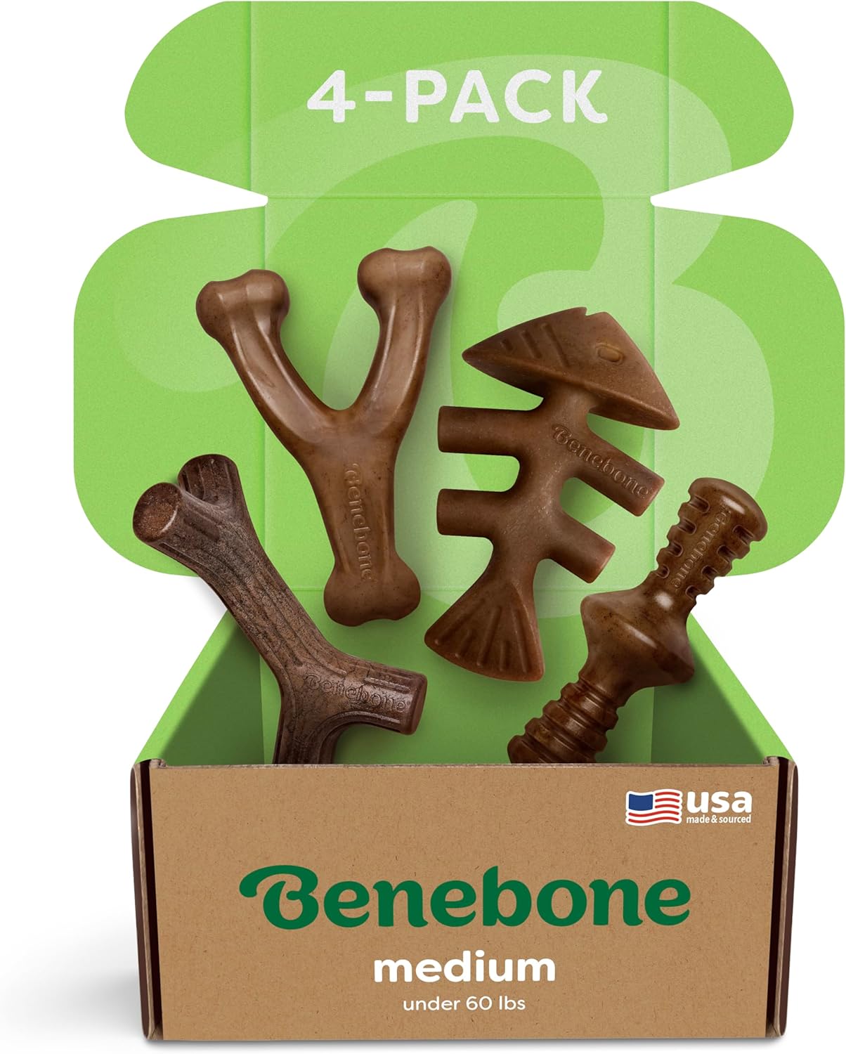 Benebone Medium 4-Pack Dog Chew Toys for Aggressive Chewers, Made in USA, 60lbs and Under