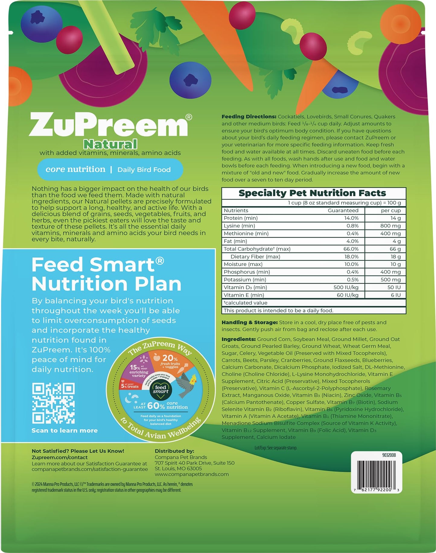 ZuPreem Natural Pellets Bird Food for Medium Birds, 2.5 lb (Pack of 2) - Daily Nutrition, Made in USA for Cockatiels, Quakers, Lovebirds, Small Conures