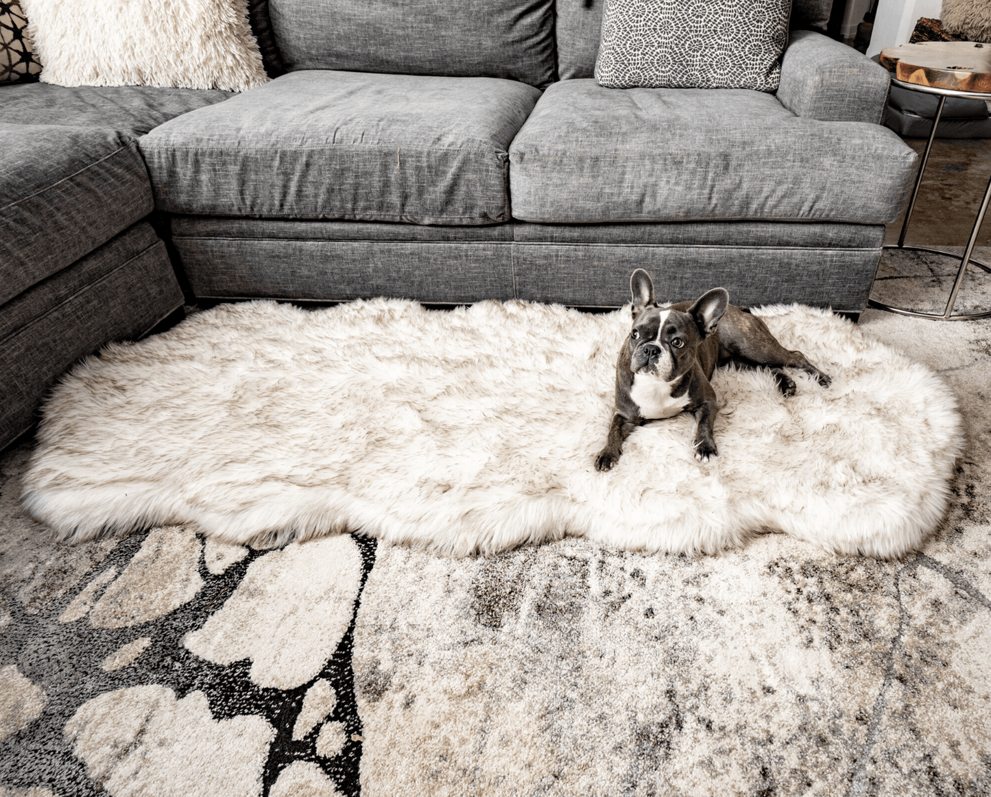 PupRug® Runner Faux Fur Memory Foam Dog Bed - Curve White with Brown Accents