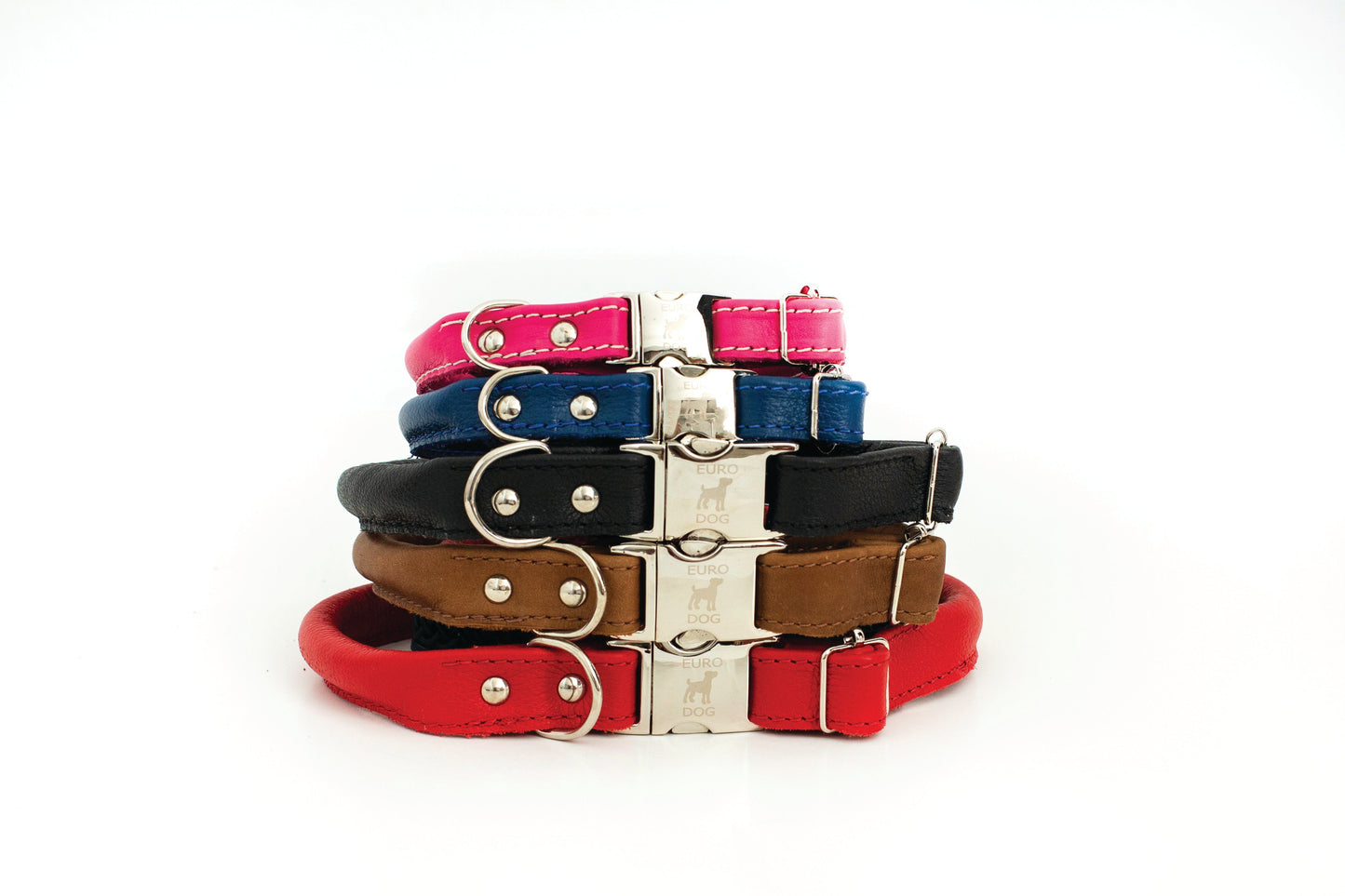 Rolled Style Red Leather Quick-Release Dog Collar