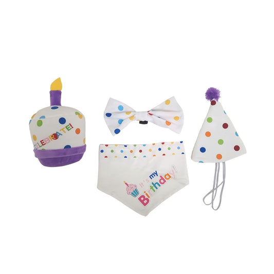 4-Piece Dog Birthday Kit – Celebrate in Style with Bandana, Hat, Bow Tie & Plush Toy