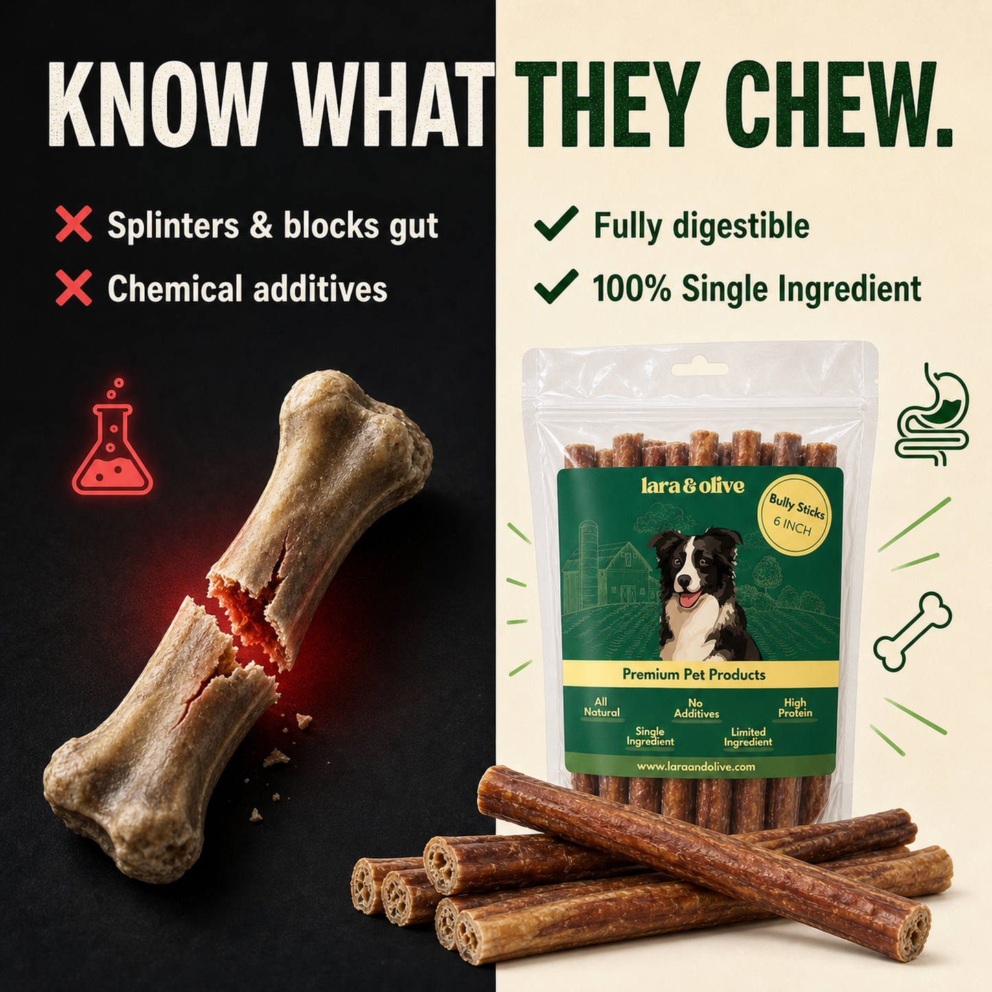 Lara & Olive - Bully Sticks for Dogs 6 Inch 10 Pack