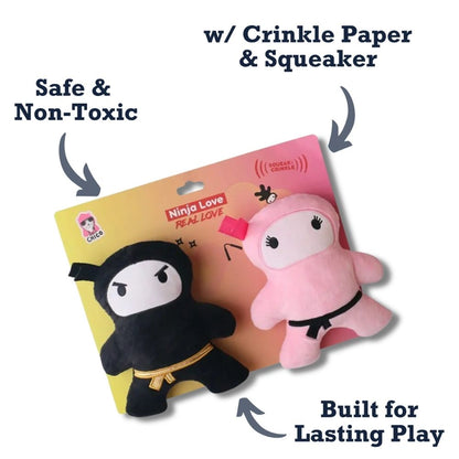 Pink & Black Ninja Plush Dog Toy Set, Squeakers & Crinkle Paper