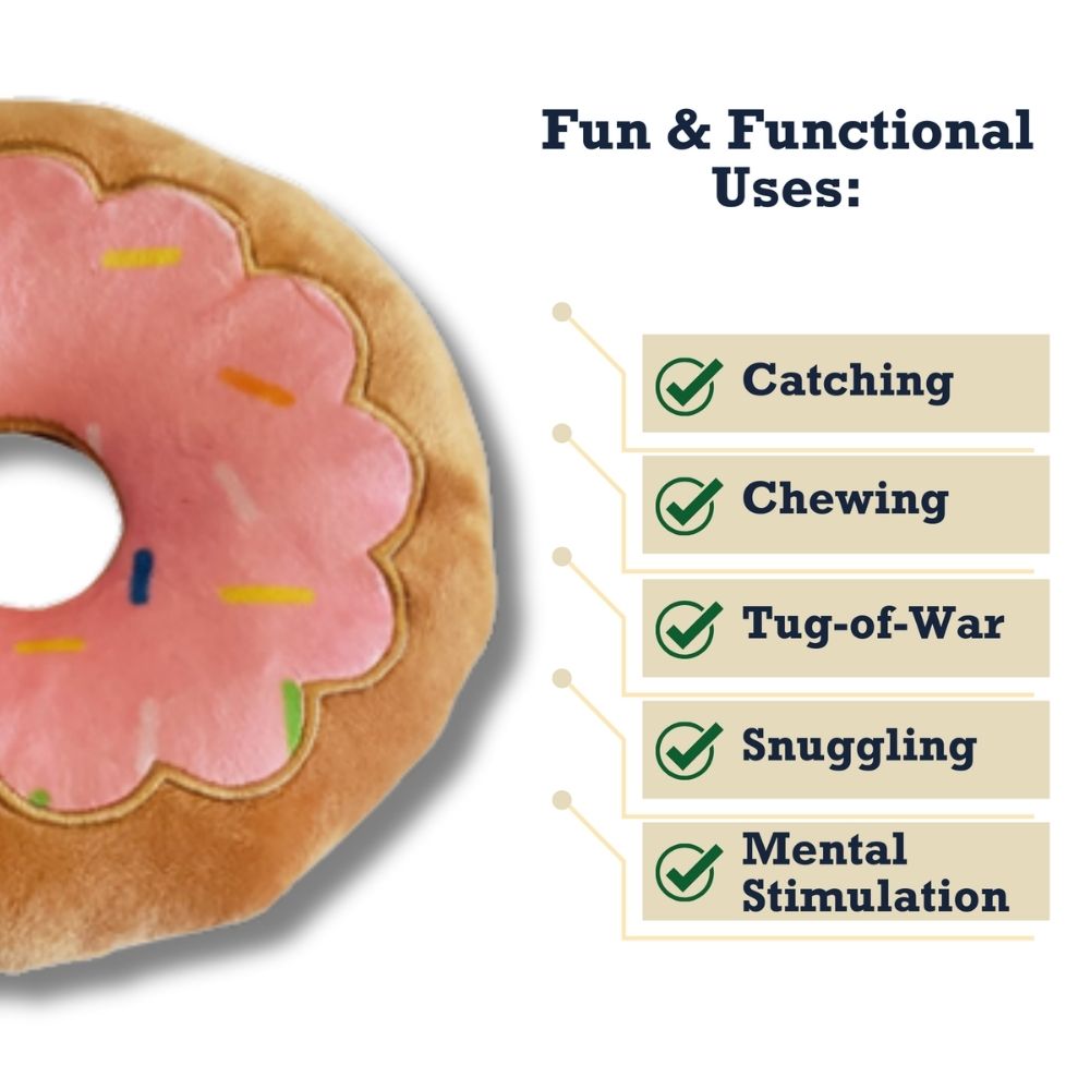 Donut Plush Dog Toy – Soft, Chewy and Cuddly, Safe & Non-Toxic, Ideal for Fetching, Tug-of-War, Gentle Chewing – Strawberry