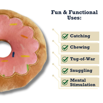 Donut Plush Dog Toy – Soft, Chewy and Cuddly, Safe & Non-Toxic, Ideal for Fetching, Tug-of-War, Gentle Chewing – Strawberry